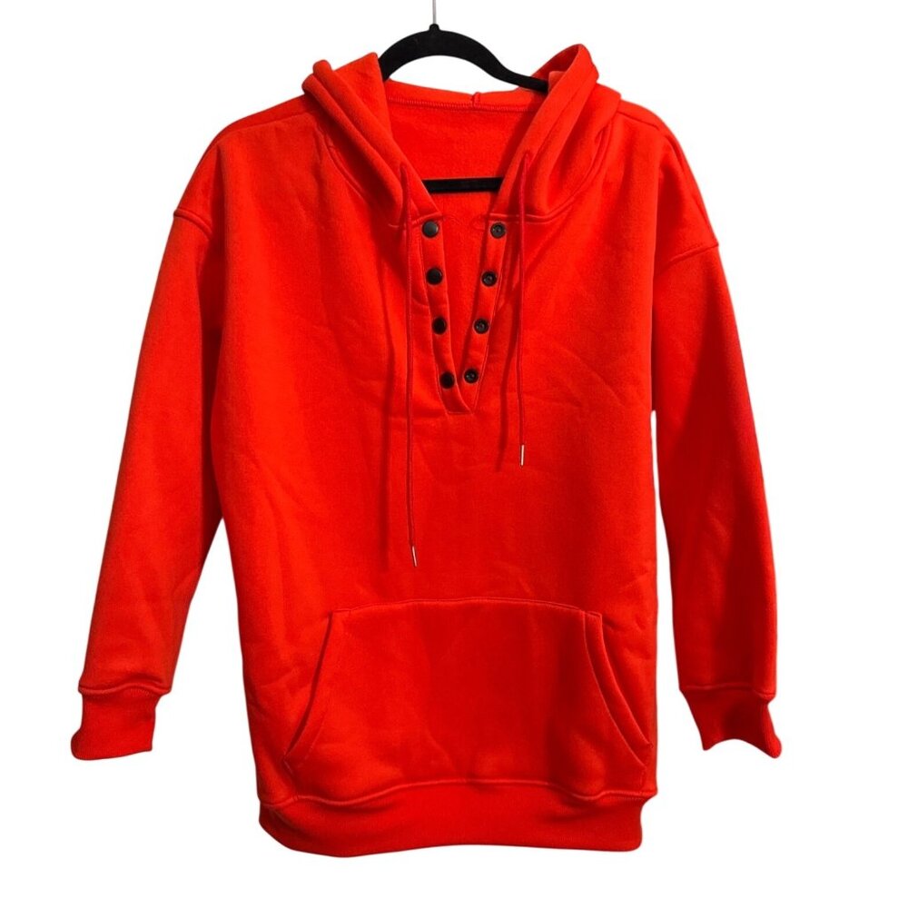 Women Red Hooded Sweatshirt With Snap Button Neckline & Front Pocket Size Medium